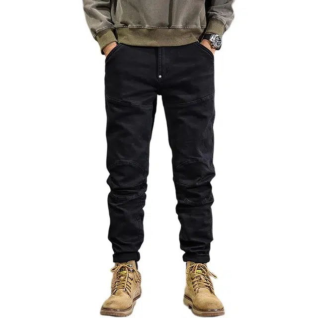 遨宇 高端美式经典复古潮流拼接工装中性风秋季潮牌休闲户外百搭痞帅机车修身直筒牛仔裤 男款