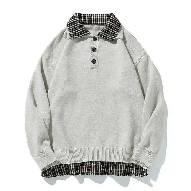 棉基因 格子翻领拼接清新森系肌理感毛线衣厚实内搭休闲运动氛围感职场通勤极简风女装高街美式亲肤打底衣松弛感青少年学院毛衣 男女同款