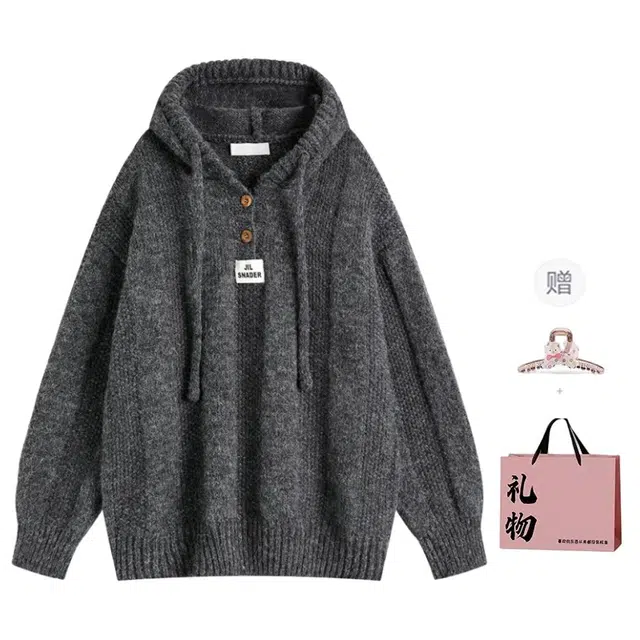 柏黛妃 连帽卫衣女外套长袖上衣慵懒风通勤美式复古宽松中长款套头女软糯加厚针织衫 女款