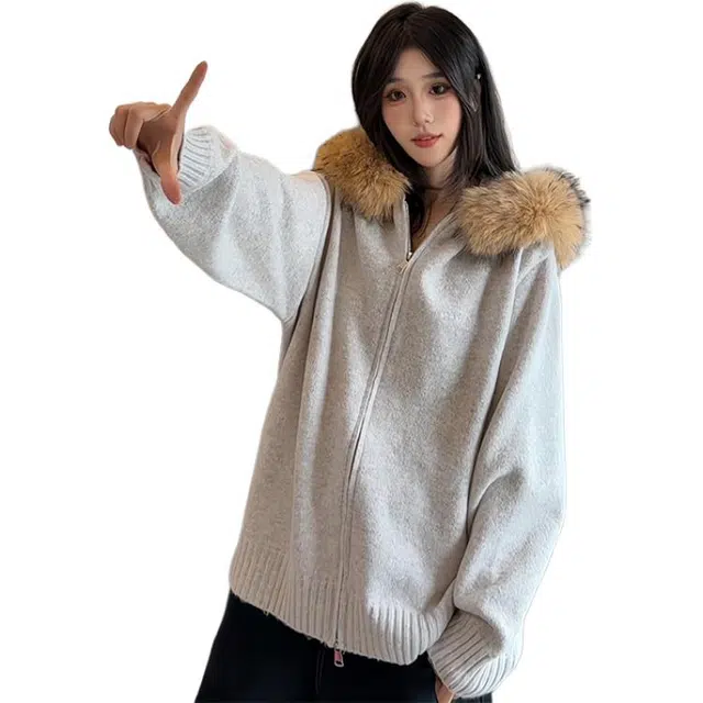 单爵 大毛领连帽开衫外套男高级感老钱风秋季穿搭美式针织衫 男女同款