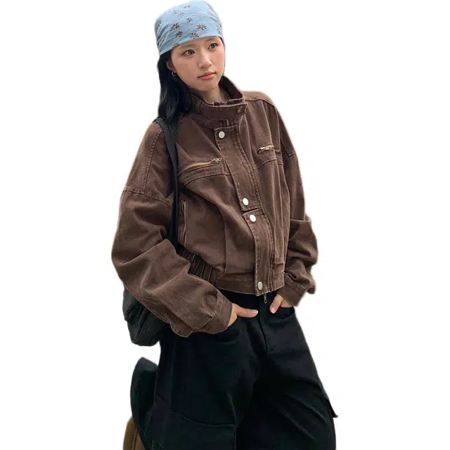 小卷要加油 美式复古工装风宽松翻领短款机车外套女夹克 女款