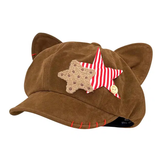 木林森 日系复古条纹星星猫耳 氛围感显脸小 麂皮绒 贝雷帽 男女同款情侣款