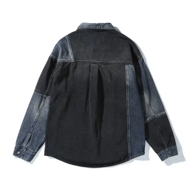 希越 美式拼接牛仔衬衫外套潮牌复古撞色宽松大码工装夹克 男款