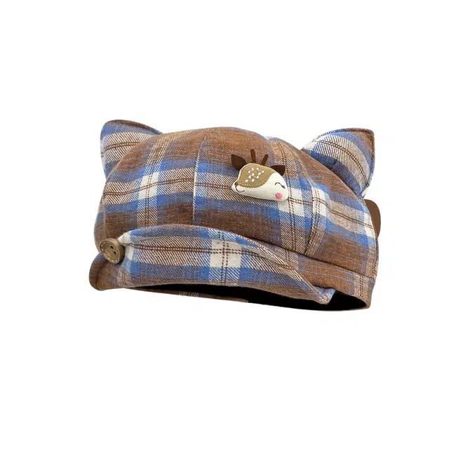 钓鱼熊 格纹小鹿耳朵文艺保暖百搭云朵帽潮 棉质 贝雷帽 男女同款情侣款