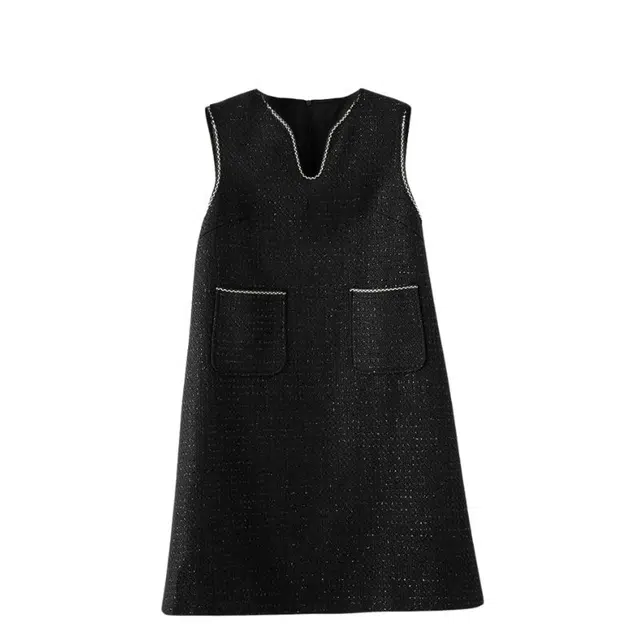 晚白 粗花呢气质减龄口袋设计有里衬无袖连衣裙 女款