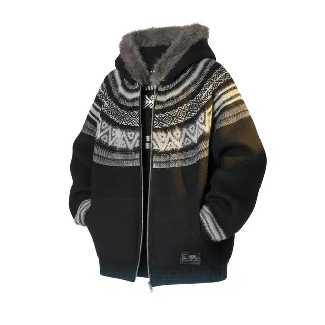 物质公式 美式复古高街民族风纹路座山雕毛领保暖老钱风慵懒开衫外套拉链舒适柔软休闲运动宽松百搭高级感亲肤长袖潮流连帽针织衫 男女同款