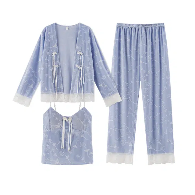 宫蝶 甜美风金丝绒长袖家居服三件套休闲开衫可外穿睡衣套装 女款