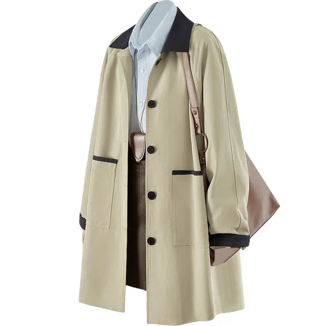 她池 韩系宽松款翻领单排扣中长款撞色插肩长袖风衣 女款 卡其色
