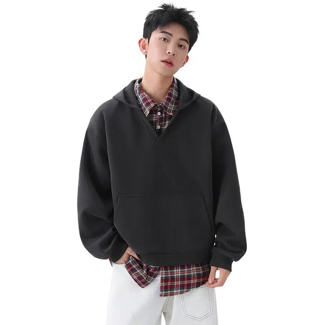 协协乐 美式复古格子拼接假两件连帽上衣男秋冬季宽松显瘦情侣套头帽衫青少年痞帅设计小众款卫衣 男款