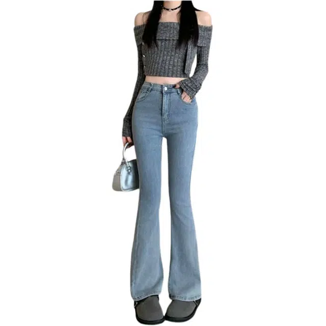 荟萃阁 微喇显瘦马蹄时尚高腰喇叭牛仔裤 女款