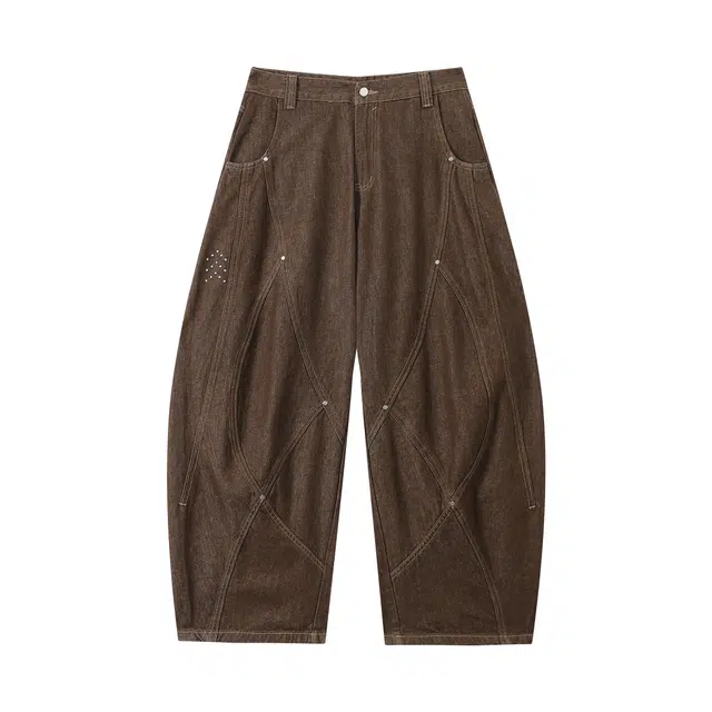 江南先生 流浪者之歌 美式高街风阔腿百搭街头水洗线条感多线分割撞钉宽松休闲牛仔裤 男女同款