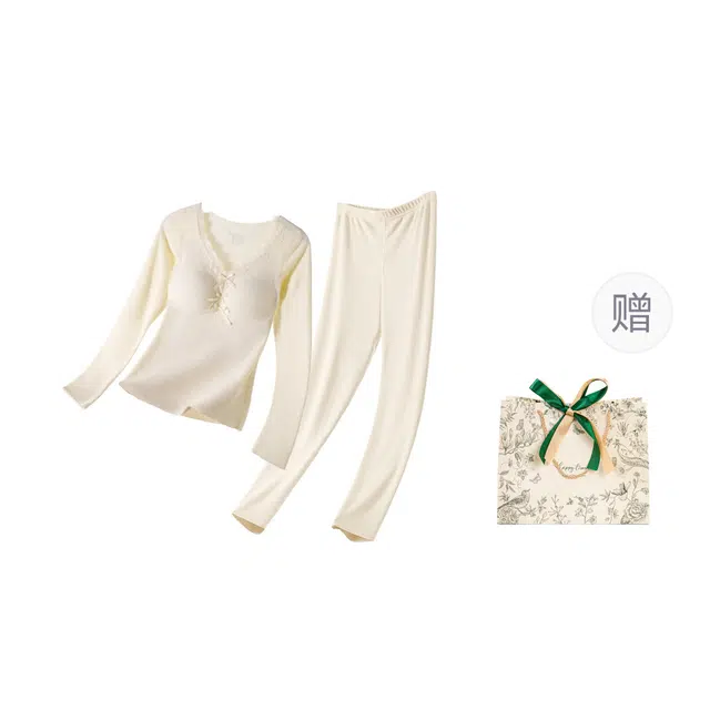 皇室品轩 无痕内衣女士带胸垫一体秋冬德绒吸湿发热羊毛绒蚕丝打保暖套装 女款