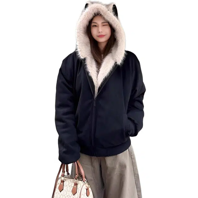 小卷要加油 美式复古座山雕黑色连帽毛领女冬季加厚保暖设计感夹克绒感外套 女款