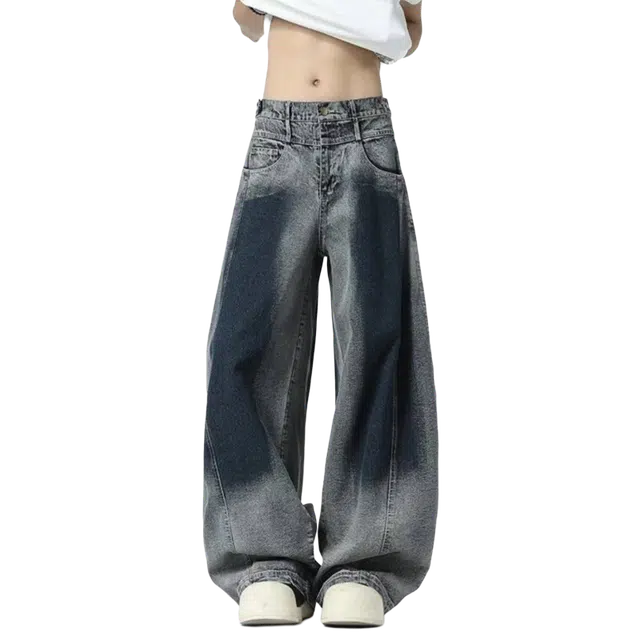 笔杏 嘻哈港风系列痞帅街头小众泼墨拼接设计高级感解构氛围感百搭弯刀微喇舒适日常通勤低腰时尚拖地牛仔裤 男女同款