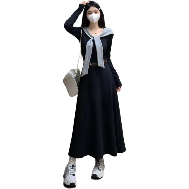 古莲菲 大码秋冬装韩版设计感赫本风收腰显瘦气质黑色长裙女长袖连衣裙 女款