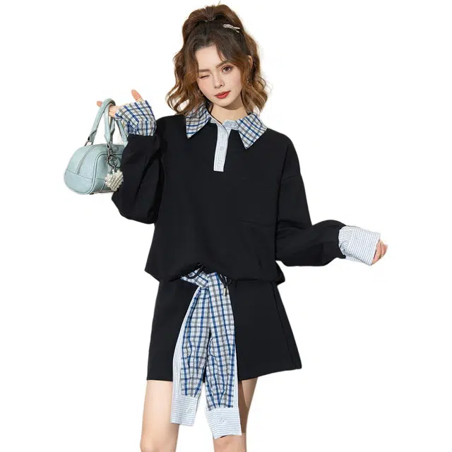 法文箱子 学院拼接长袖休闲裙装套装 女款