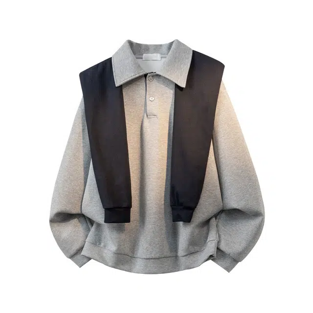 哲源 美式复古简约学院风高级感上衣假两件披肩翻领设计感春秋外套潮牌舒适日常通勤百搭休闲长袖卫衣 男女同款