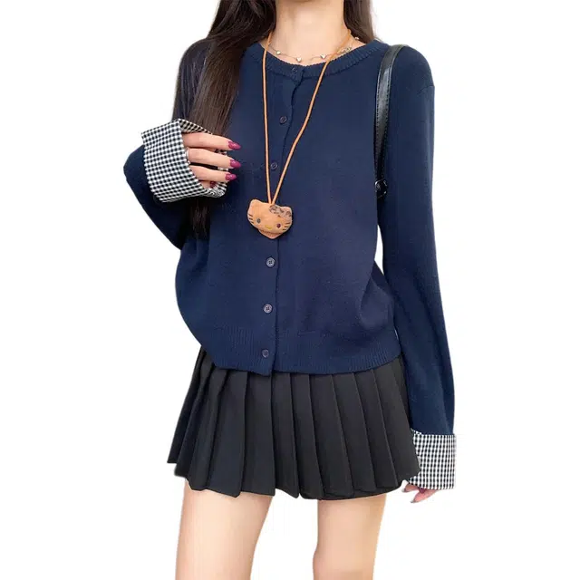 思蓓儿 秋季韩版复古格子拼接圆领宽松开衫外套针织衫 女款