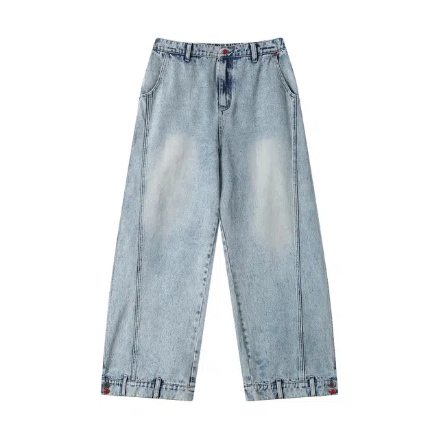江南先生 流浪者之歌 水洗天然松石点缀倒置腰头设计秋阔腿刺绣长裤百搭休闲牛仔裤 男女同款