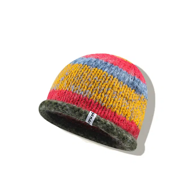 【秋冬必备~彩虹拼色】 攸委 可爱多巴胺条纹卷边毛线针织帽子女冬季保暖加厚加绒 腈纶 时尚护耳显脸小包头冷帽绒线帽 男女同款情侣款