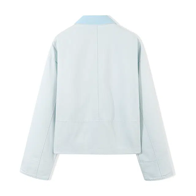 重磅基础 美式高级感撞色浅蓝色超好看翻领夹克户外出游轻松减龄时尚拼接休闲宽松牛仔外套 男女同款