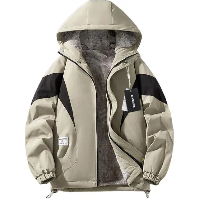 左岸 加绒加厚美式潮流百搭撞色拼接大口袋工装带帽拉链开衫上衣加肥加大码宽松休闲舒适防风保暖外套秋冬夹克 男款