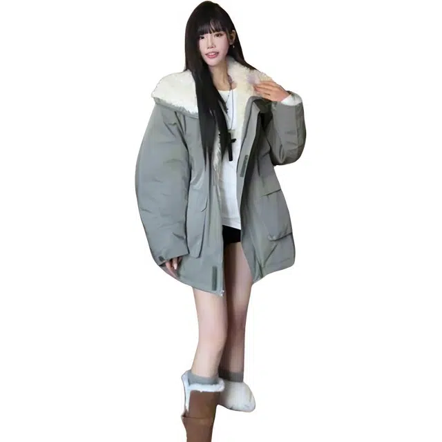 纤丝鸟 时尚中长款宽松设计感小众百搭休闲外套棉服 女款