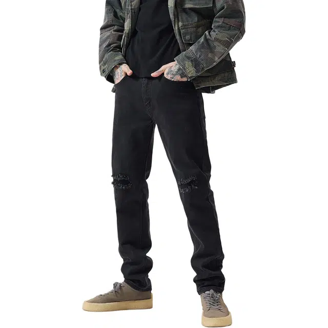 逆腾 秋季黑色破洞长裤男美式高街直筒裤子男士痞帅修身小脚牛仔裤 男款