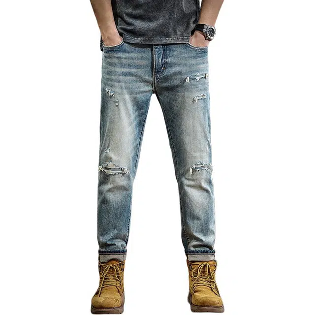 遨宇 秋季美式经典复古潮流潮牌极简风直筒破洞休闲户外百搭牛仔裤 男款