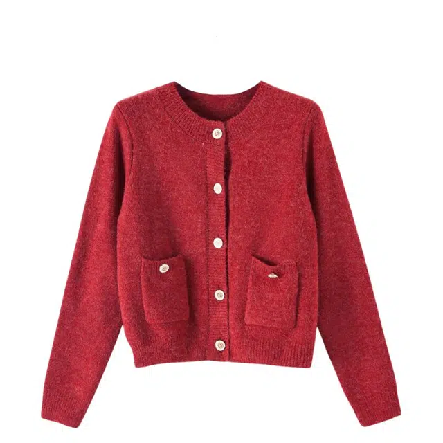 晚白 排扣设计高弹力有口袋不扎肤针织衫 女款