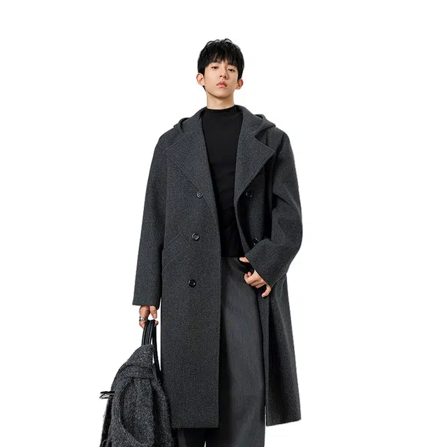 加荣 纯色基础款连帽高级感毛呢长款过膝青少帅气慵懒风松弛感防风风衣 男女同款