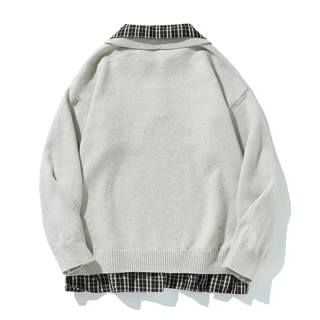 棉基因 格子翻领拼接清新森系肌理感毛线衣厚实内搭休闲运动氛围感职场通勤极简风女装高街美式亲肤打底衣松弛感青少年学院毛衣 男女同款