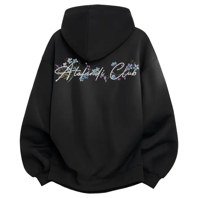 阿凡迪 仿刺绣工艺美式高街创意手写花体字母花卉项链风后背印花日常通勤简约经典撞色格纹百搭休闲落肩长袖连帽套头卫衣 男女同款