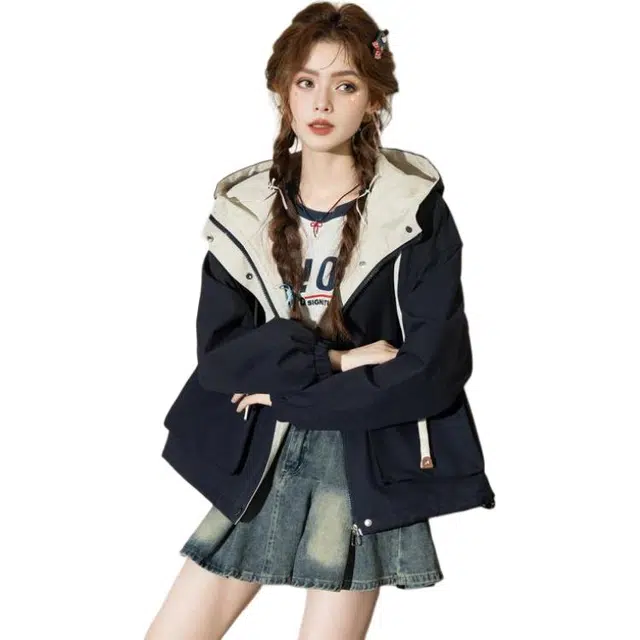 法文箱子 短款连帽宽松夹克 女款