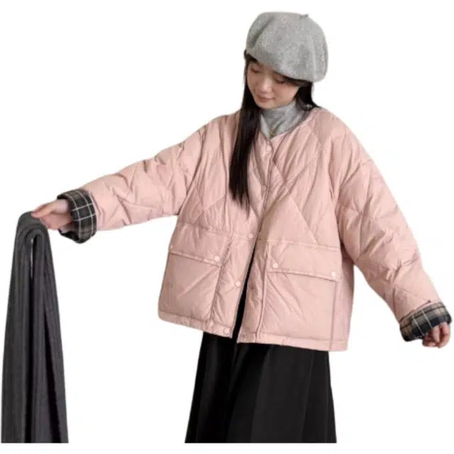 缪斯的诱惑 菱形格缝线纯色拼接毛呢格子袖口棉袄学生外套棉服 女款