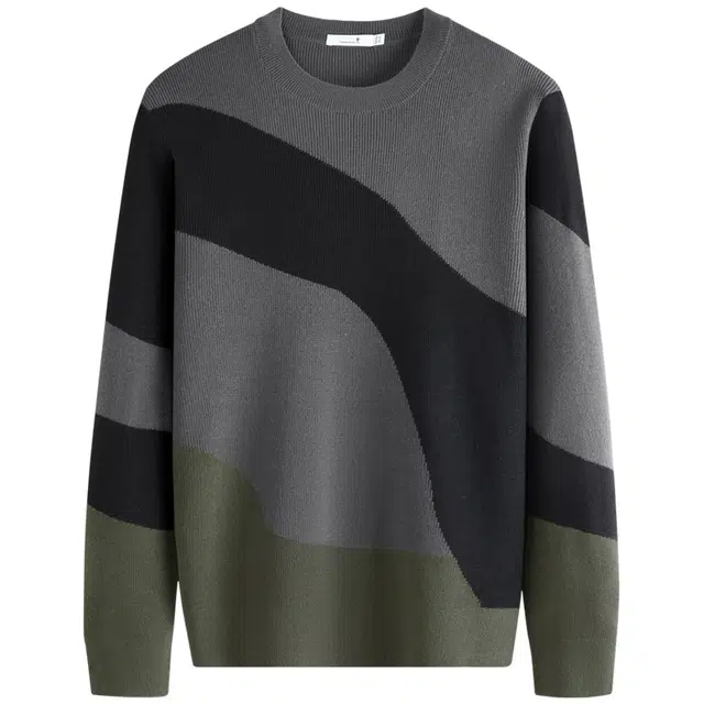 与狼共舞 休闲潮流百搭撞色拼接时尚设计绵羊毛保暖亲肤柔软舒适高街青年款圆领羊毛衣 男款