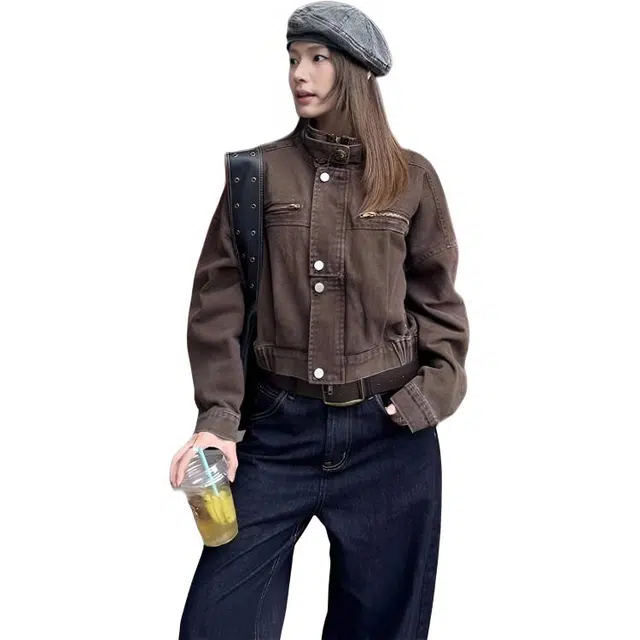 纤丝鸟 美式复古短款外套宽松休闲上衣设计感潮流棉服 女款