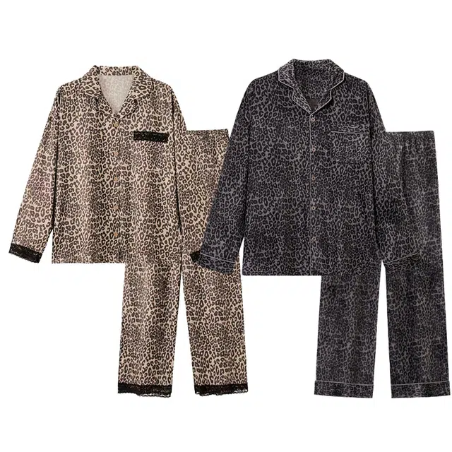 顶瓜瓜 冰丝长袖长裤翻领开衫纯色豹纹休闲情侣家居服秋冬季睡衣套装 男女同款