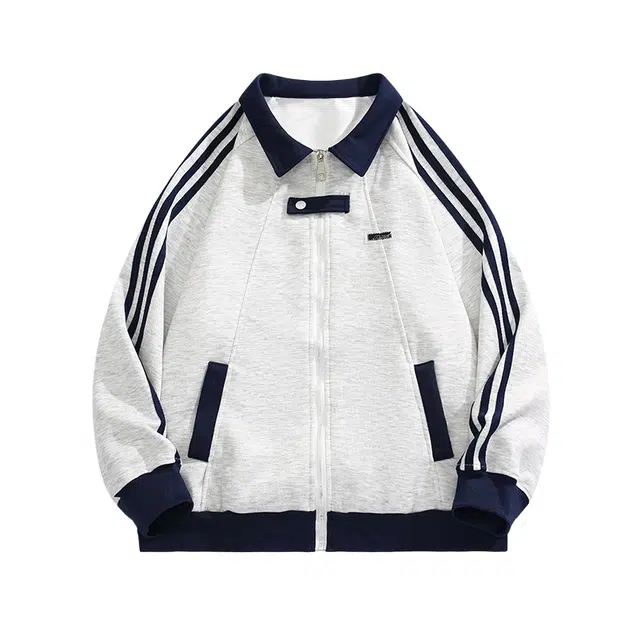 虫小绿 美式复古拼接撞色学院运动风外套春秋款潮牌三条杠夹克宽松痞帅街头舒适时尚休闲个性通勤百搭拉链卫衣 男女同款