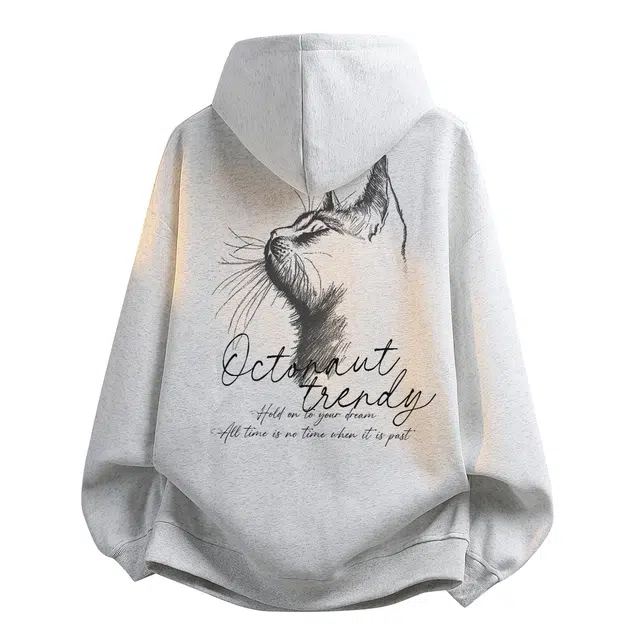 海底小纵队 美式高街创意手绘素描侧脸猫咪艺术体字母印花简约基础款百搭宽松显瘦连帽长袖透气学院风大码情侣春秋卫衣 男女同款
