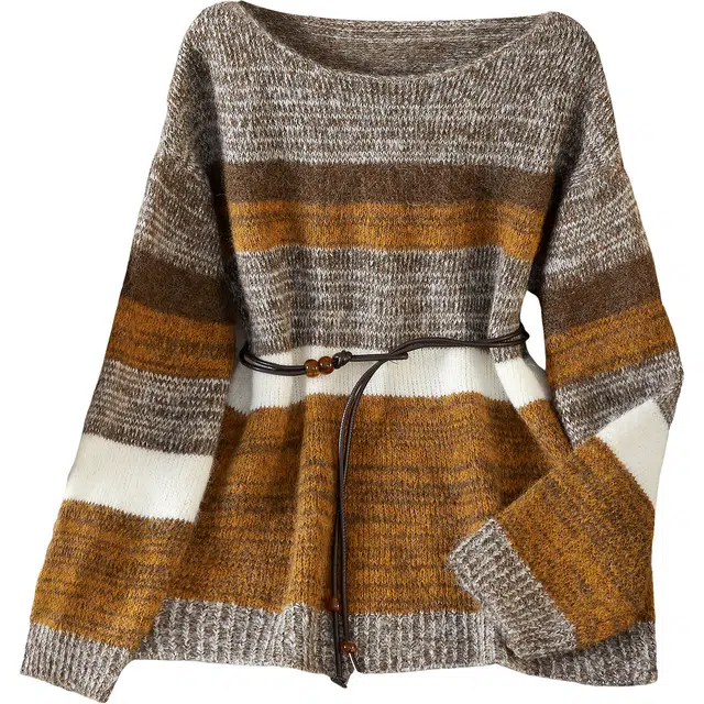 她池 含绵羊毛圆领套头撞色落肩长袖针织衫 女款 咖色条纹