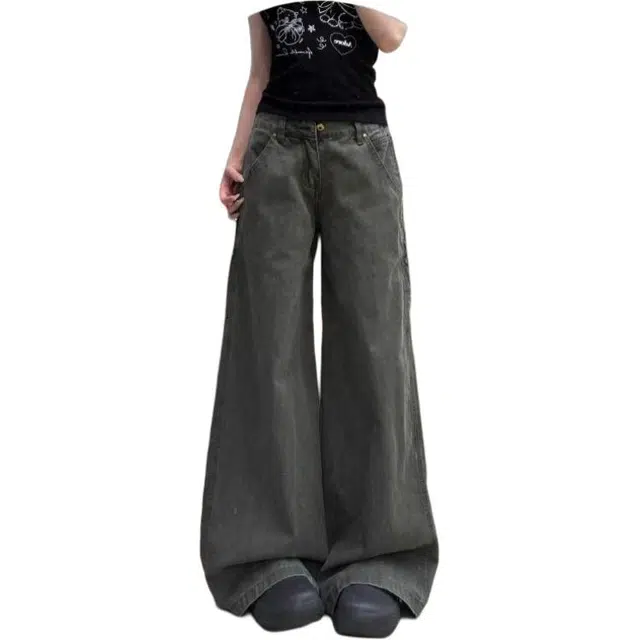 么宁 绿色阔腿工装微喇美式高腰宽松显瘦垂感拖地裤子牛仔裤 女款