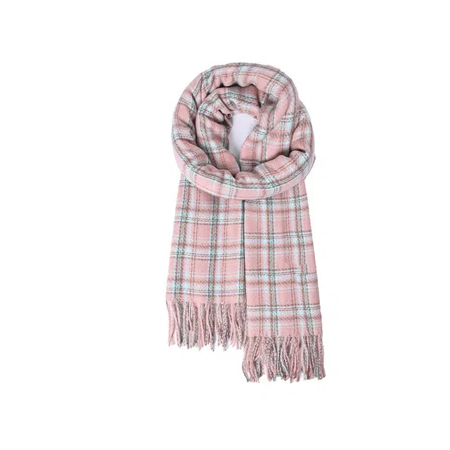 雅鹿优选 小清新校园风蓝粉色氛围感百搭小格子流苏加厚 礼盒装 聚酯纤维 绒线围巾 男女同款情侣款