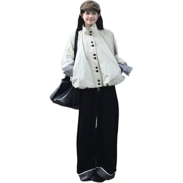 小卷要加油 韩系立领外套女秋季设计感气质宽松休闲花苞型上衣潮夹克 女款