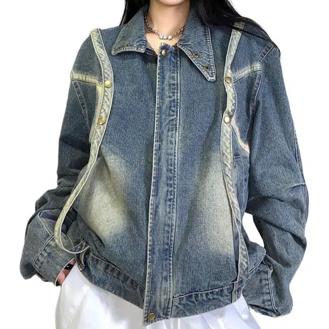 大格子与黑猫 复古立领设计感小众宽松上衣牛仔外套 男女同款