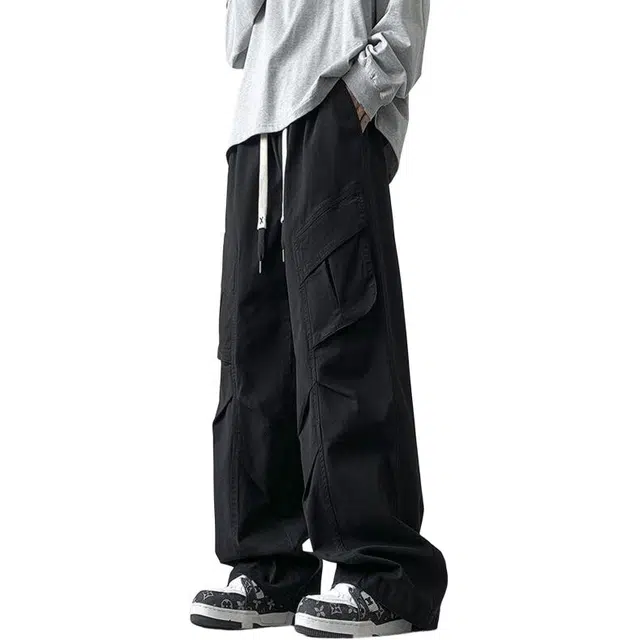 顶峰保罗 美式潮牌宽松直筒工装长裤无性别主义潮流通勤百搭痞帅大口袋高级感阔腿垂感休闲裤 男女同款