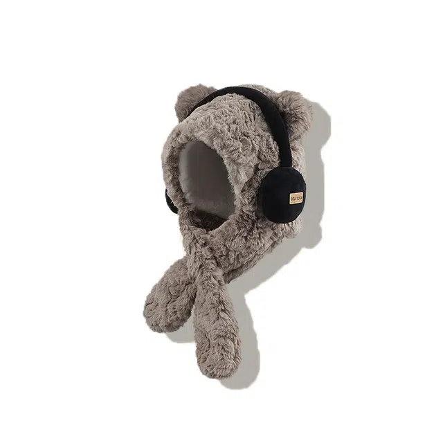 【冬日~可爱耳机小熊】 攸委 泰迪毛绒帽子围巾一体女冬季加厚保暖护耳帽 涤纶 时尚百搭创意雷锋帽套头帽潮斗篷帽 男女同款情侣款