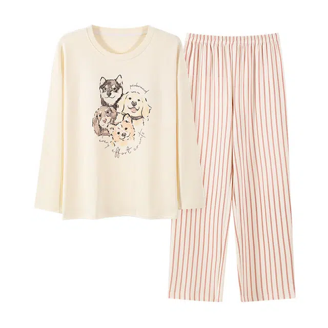 橡柠派 可爱纯棉设计感甜美套头小狗小兔子高级感长袖长裤两件套带胸垫可外穿舒适亲肤简约 睡衣套装 女款