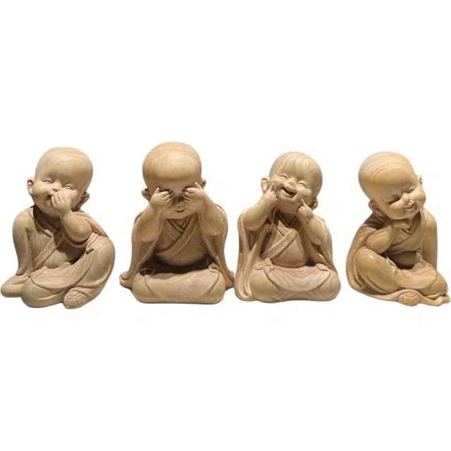 得笙陌 可爱四不小沙弥小和尚招财进宝新中式实木雕刻桌面 黄杨木 摆件 男女同款情侣款