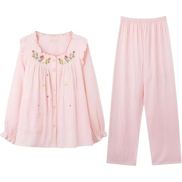 棉基因 云朵棉甜美宫廷风棉纱柔软舒适简约大方轻盈透气优雅精致纹理睡衣套装 女款